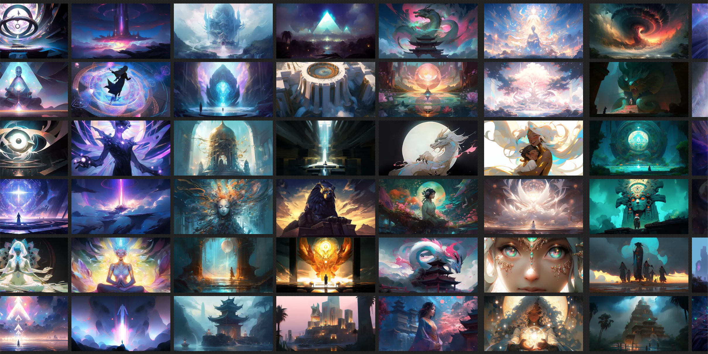 A grid showing 48 screens of hi-res artwork from Shamanic Portals.