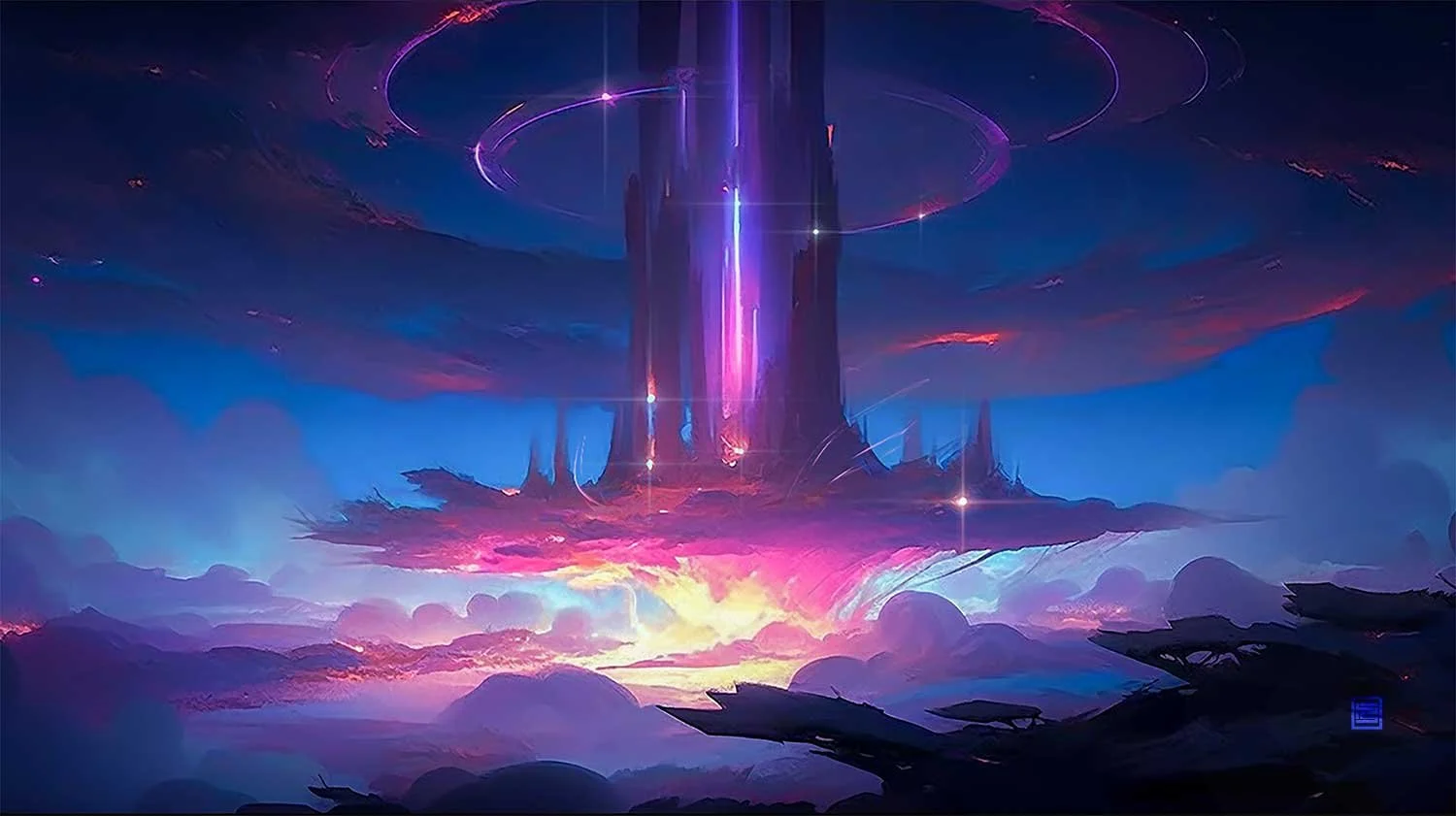 A towering structure with a circular platform at its peak, surrounded by a purple and pink energy. The structure is set against a blue and purple sky with pink, purple, and blue clouds