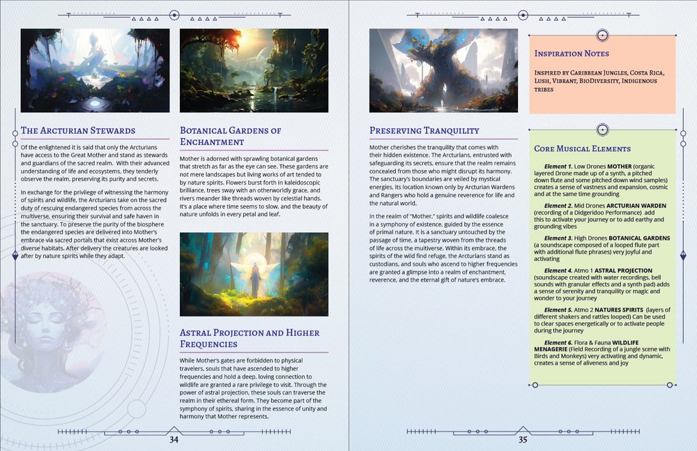 A page from the Shamanic Portals PDF Guide, showing side panels of inspiration on core musical elements.