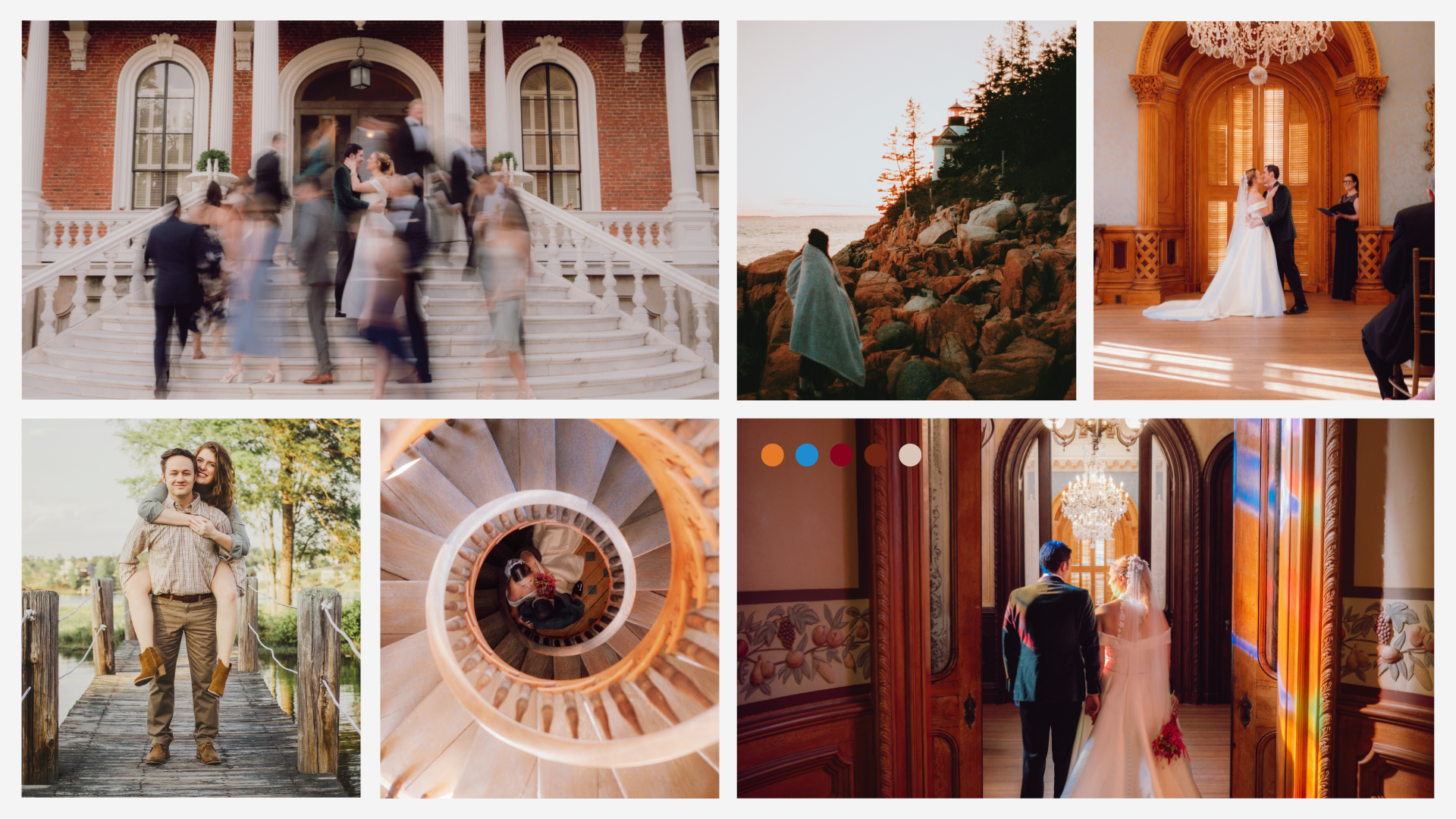 Collage of wedding photos including a bride and groom exchanging vows inside a wooden-paneled room, a wedding couple on a castle staircase, a person wrapped in a blanket near rocks at sunset, a person with a pig in a park, a couple walking on a wooden bridge, and a winding staircase viewed from above.