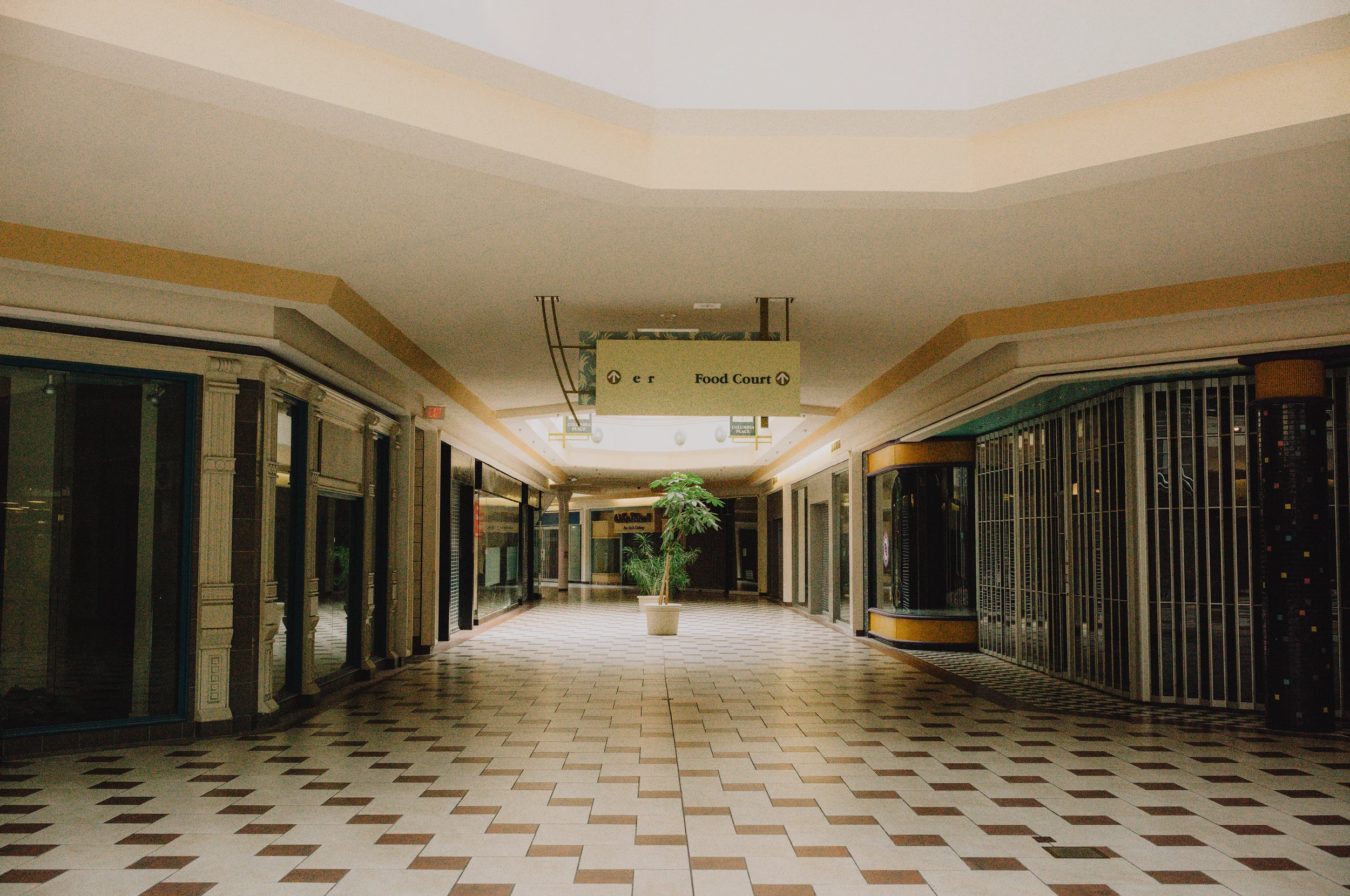 Empty shopping mall corridor with a sign pointing toward food court, a potted plant, and closed storefronts.