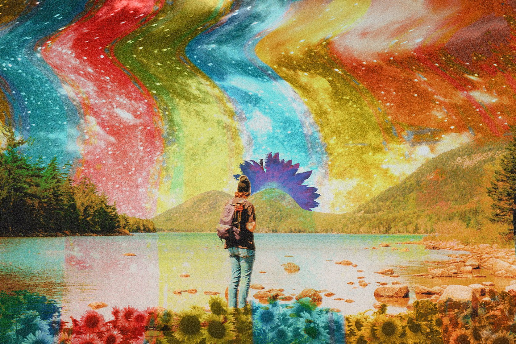 A person with a backpack standing in front of a river, with mountains, sunflowers, and a colorful, swirling sky resembling the northern lights above.