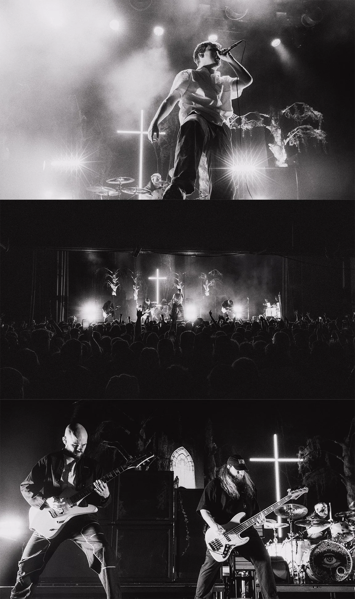 Three black-and-white photos of band performing at a concert with a cross and religious-themed background. The first photo shows the lead singer holding a microphone, the second captures the band on stage with audience members raising their hands, and the third features guitarists and a drummer playing on stage.