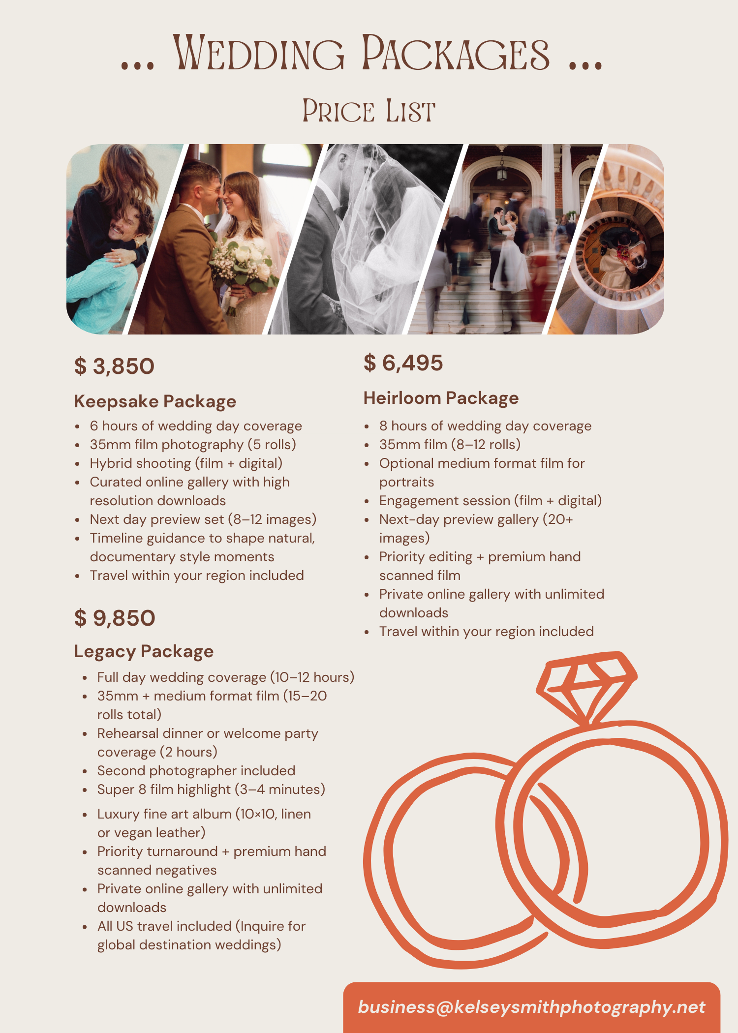 Wedding packages price list with three images of couples and wedding scenes, options for Keepsake, Heirloom, and Legacy packages, and an illustration of wedding rings and a diamond.