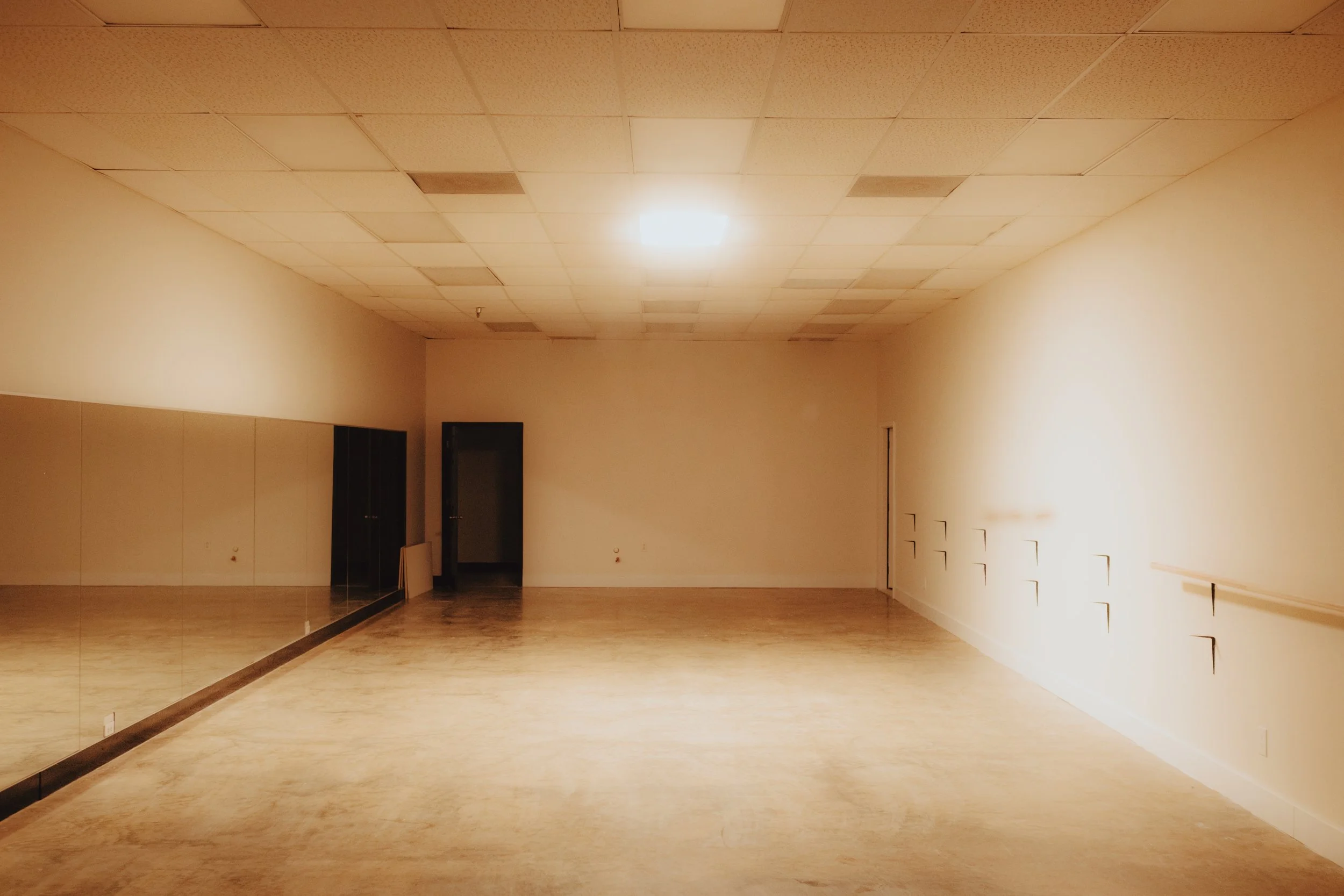 Empty dance studio with a wooden floor, a large mirror wall on the left, closed doors on the back wall, and ballet barres on the right wall. Fluorescent ceiling lights illuminate the room.