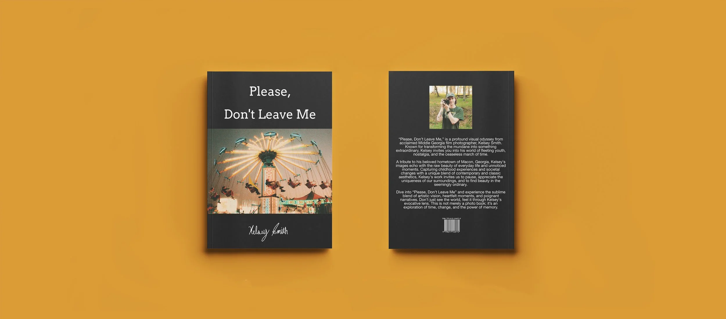 Back cover of a book titled "Please, Don't Leave Me" with a photo of a spinning carnival ride, and a synopsis and picture of the author on the back.