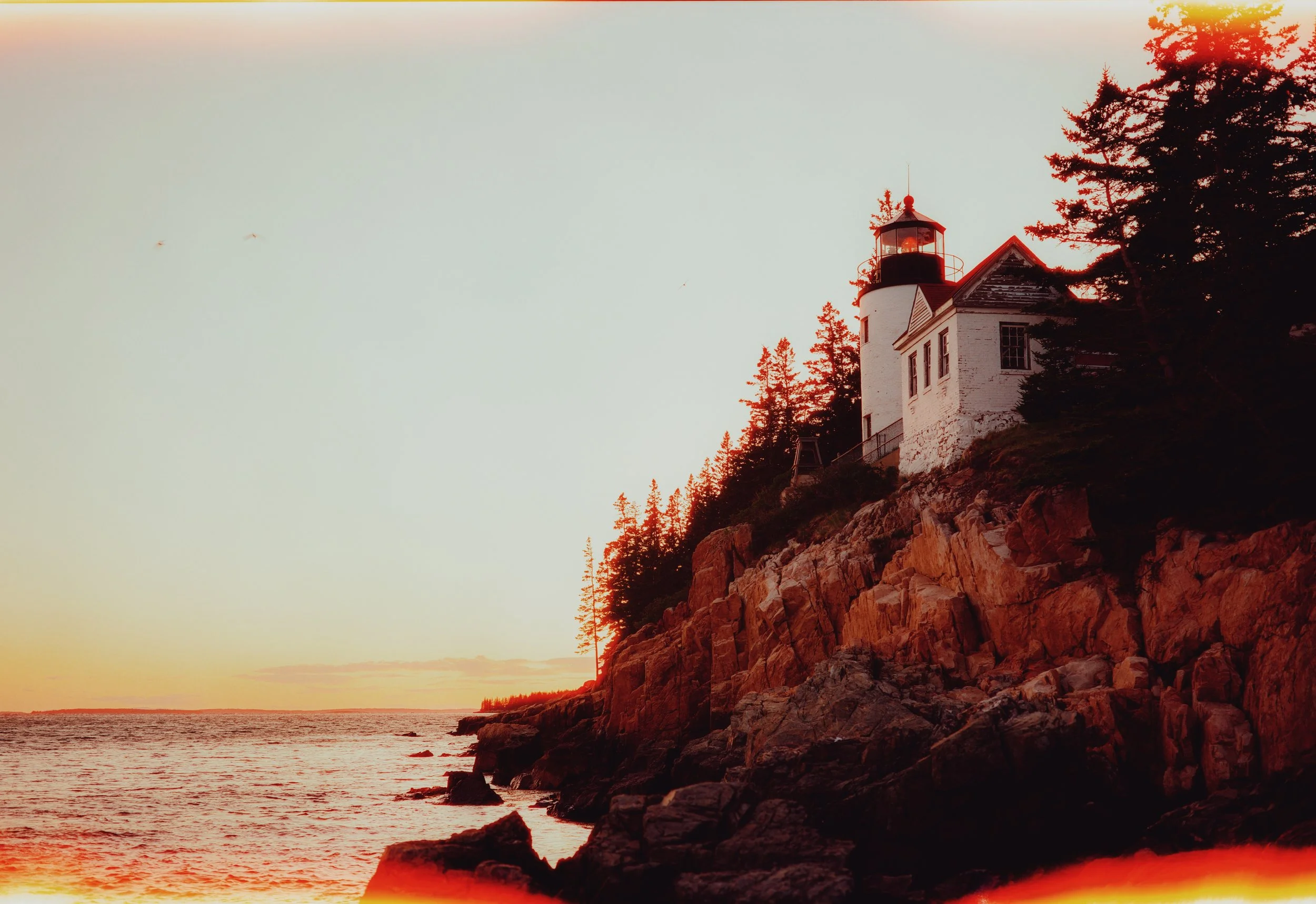 Bass Harbor Head Lighthouse on the cliffs of Acadia National Park at sunset, shot on a Leica M6