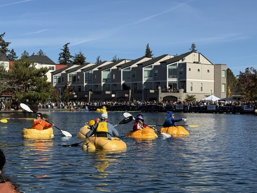 People paddling in giant pumpkins on an Oregon lake