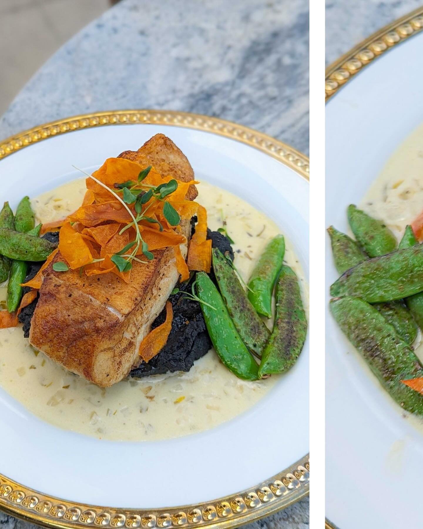 We love a summer menu refresh! emphasis on the *fresh*

This butter pan-seared halibut features some of our favorite garden flavors. Served over a black lima bean pur&eacute;e with saut&eacute;ed snap peas and crispy sweet potatoes, the entire dish i