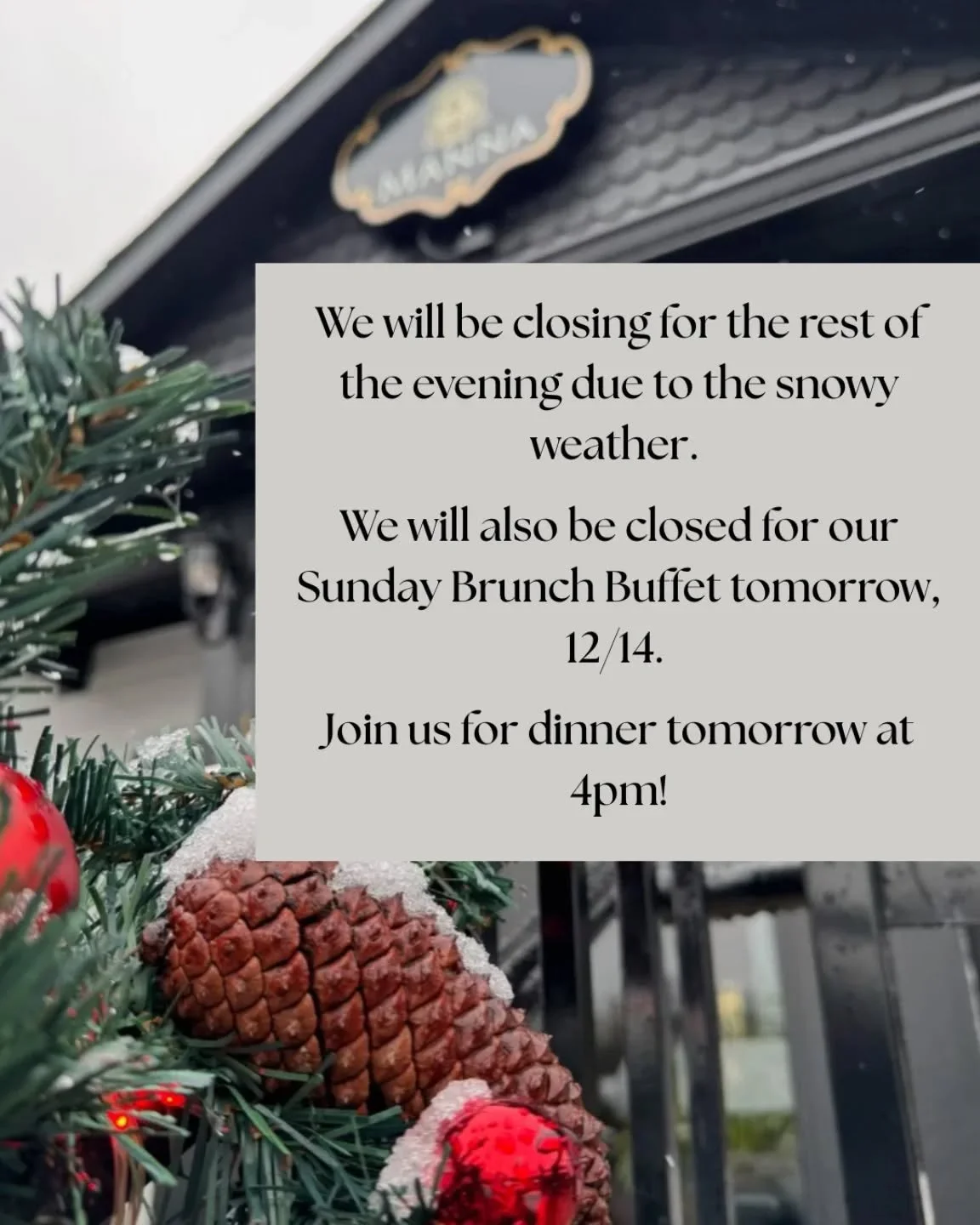 Cozy and safe at home tonight. Cocktails tomorrow. Join us for dinner at 4pm!