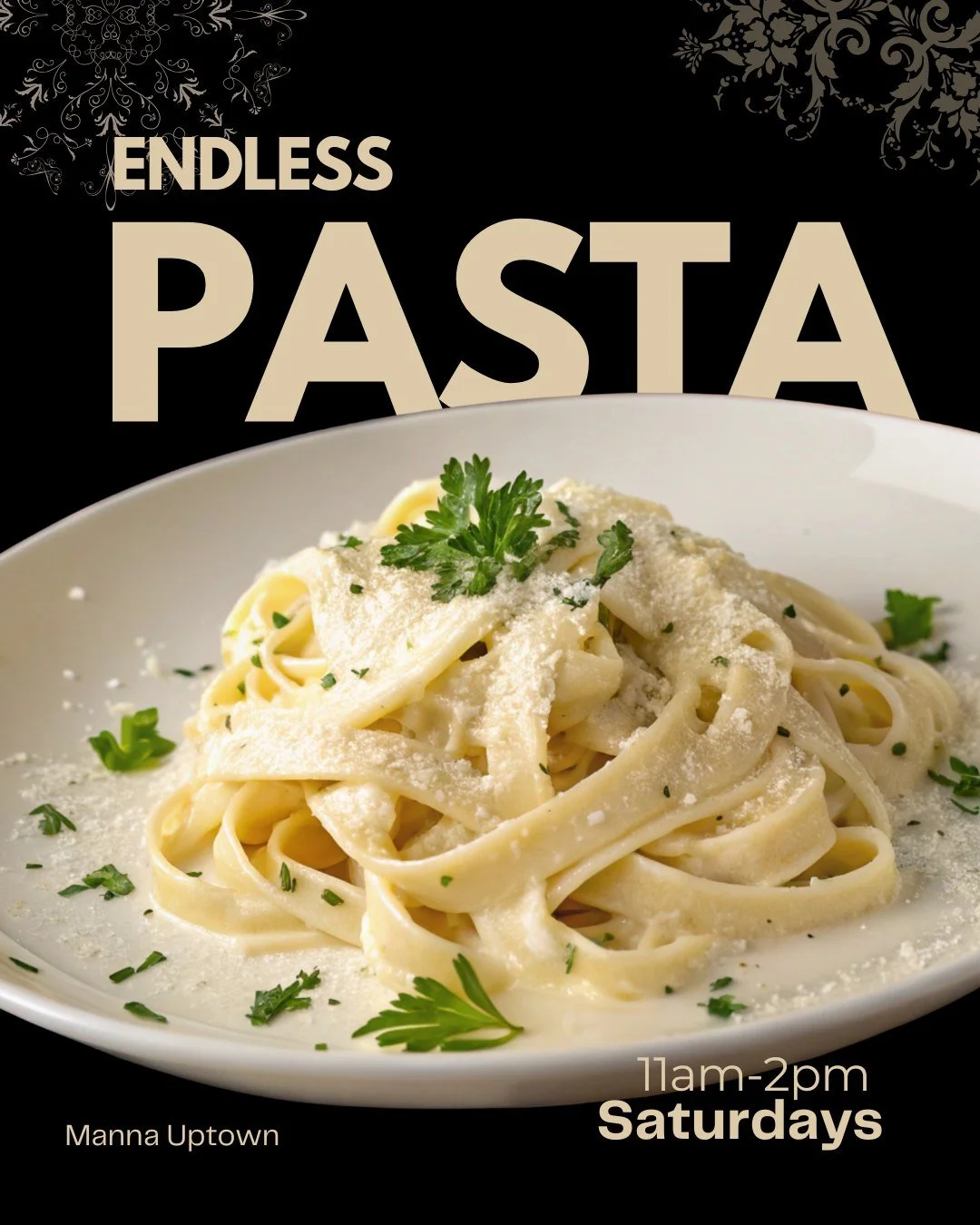NEW FOR 2026! Starting this Saturday, January 10, Manna will offer a limited lunch menu on Saturdays starring an Endless Pasta Station made fresh and tossed to order. 

Choose from Spaghetti, Cavatappi, Fettuccini or a gluten-free Penne and five diff