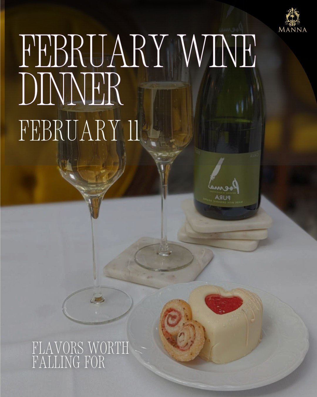 Our February wine dinner features five curated pairings and flavors worth falling for 💞💞 Bring a date, a friend, or just your appetite!

MENU:
+ Black garlic &amp; parmesan brown butter Oysters Rockefeller
+ Roasted Mahi and Salmon Mousse with a li