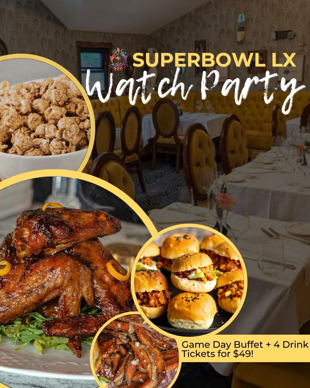 Four Delicious Drinks &amp; A Full Game-Day Buffet 🔥🍔🍷 All for $49! 

Join us this Sunday for a Super Bowl LX party in our upstairs media room with a killer game-day buffet and drinks to keep the cheering section lively! 

🏈 Buffet Menu:

Truffle
