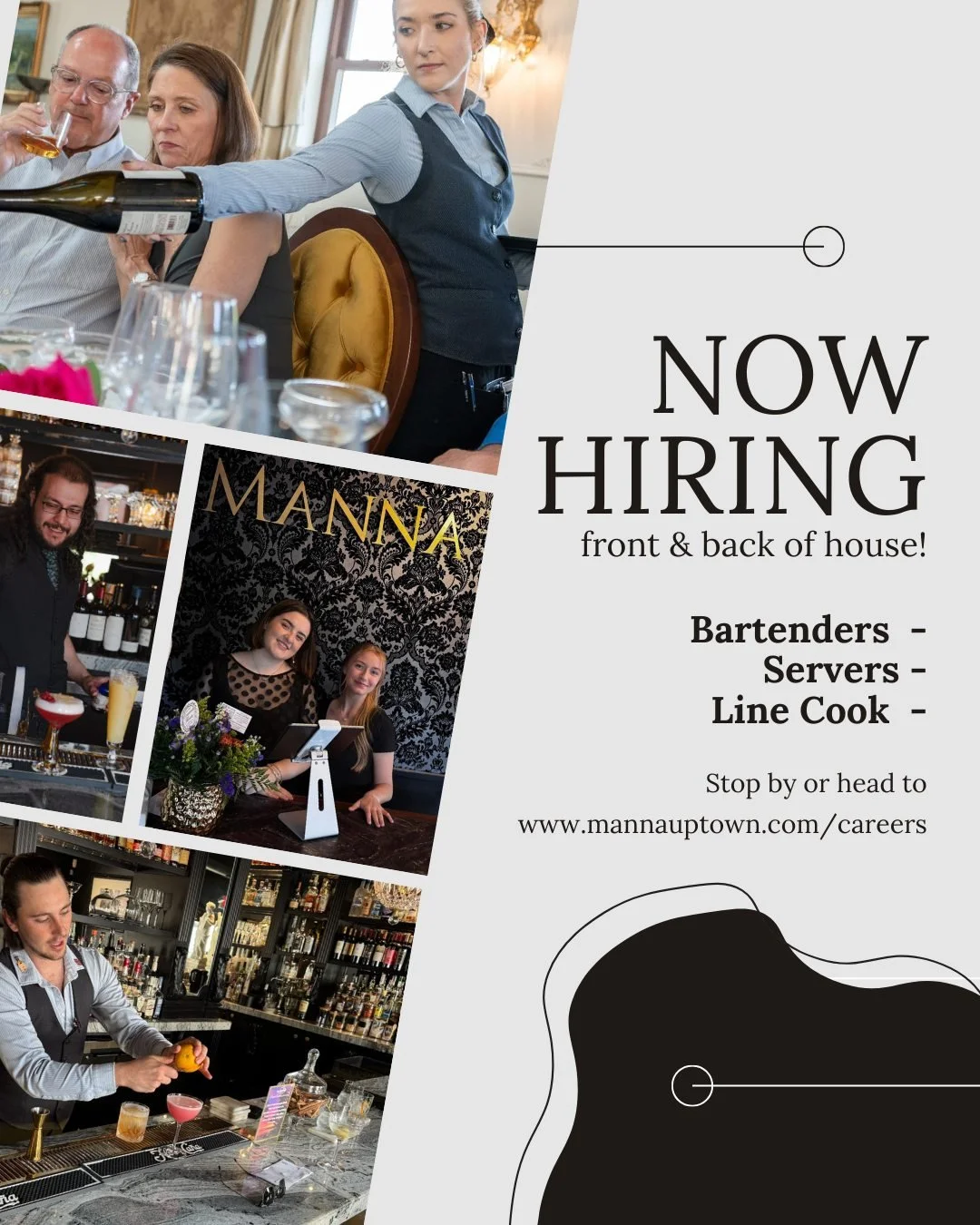 We're looking to add a few more top-notch team members to help us create lasting experiences for our guests!

We have availability for front and back of house positions, including hosts, servers, bartenders, and line cooks. If you're a great fit, we'