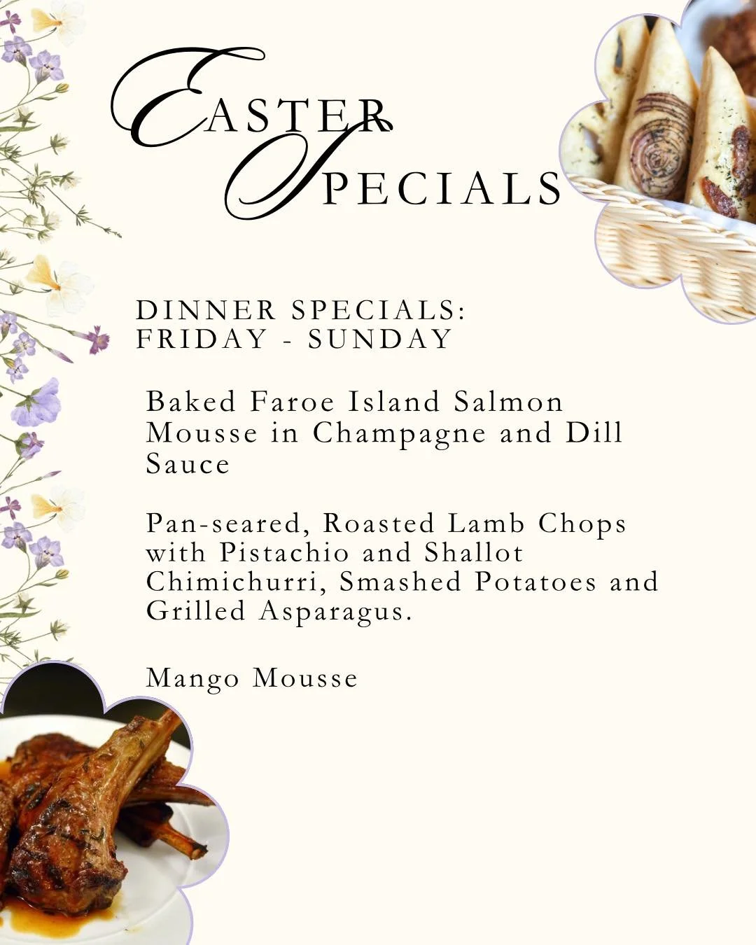 Leave the cooking to us and enjoy a hassle-free Easter weekend! 

Whether you're getting the whole family together or simply aren&rsquo;t in the mood to cook that Easter Ham again this year, we have this holiday weekend covered!

Book your dinner res