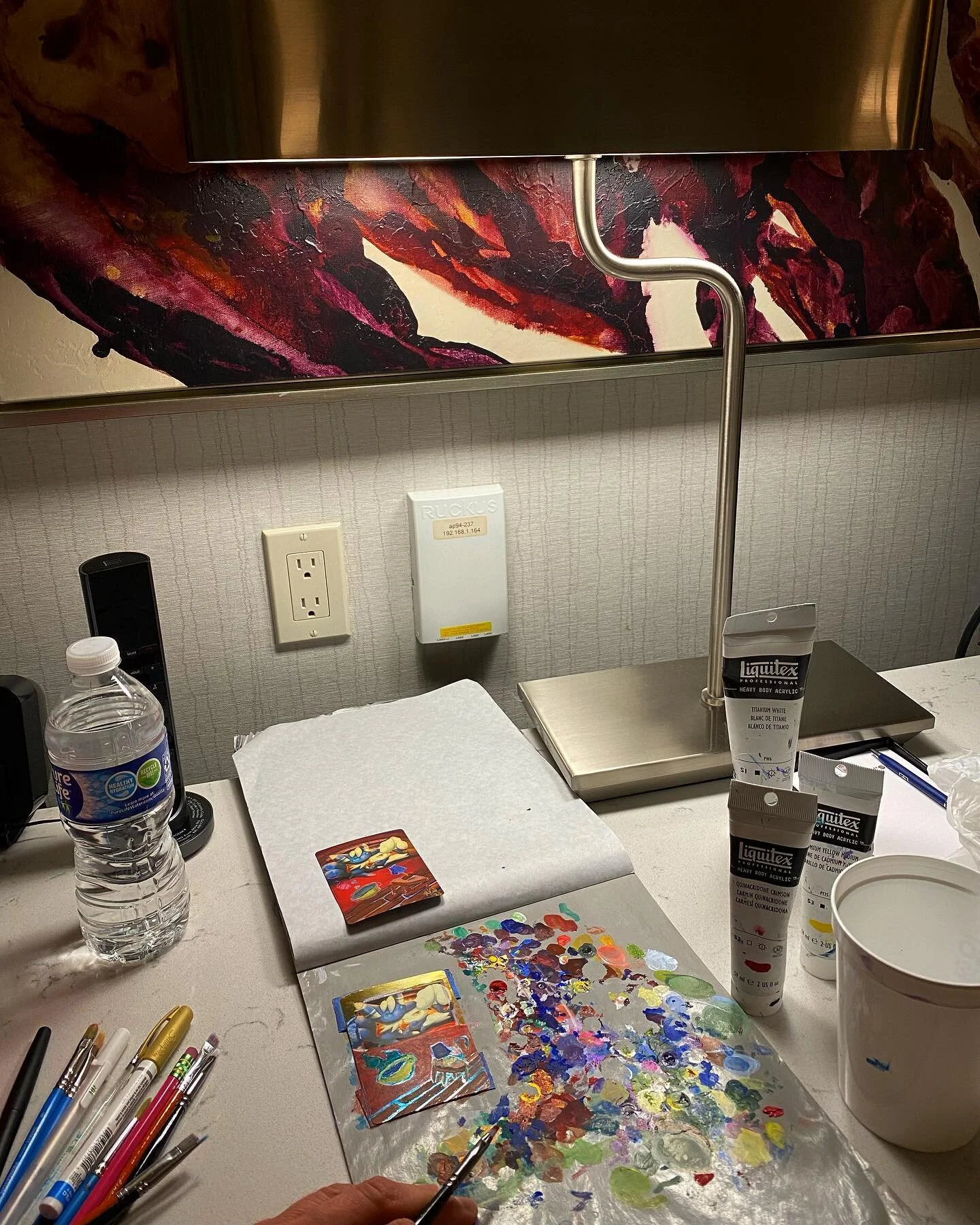 Snagged a minute to paint on a work trip. Life is wild but these moments of quiet creative time keep me sane 💆🏽&zwj;♀️
#acrylicpainting #pokemoncardalter #meowstic #nespaintscards #holopokemoncards #pokemonfanart #paintedpokemoncards