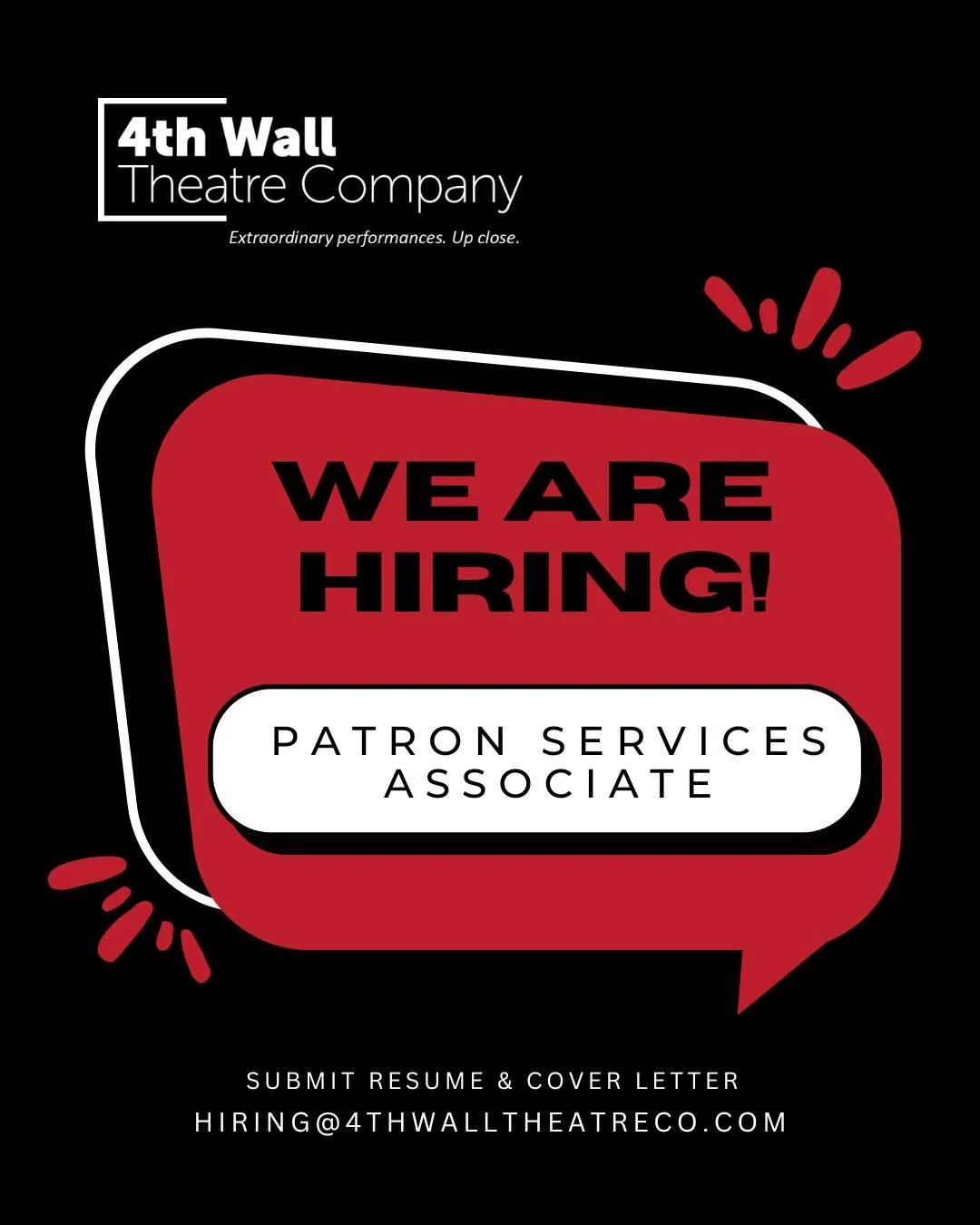 We’re Hiring!
4th Wall Theatre Company is looking for a full-time Patron Services Associate to join our team.
For the full job description and how to apply, visit 4thwalltheatreco.com/work-with-us
#houstontheatre #jobopening #artsjobs