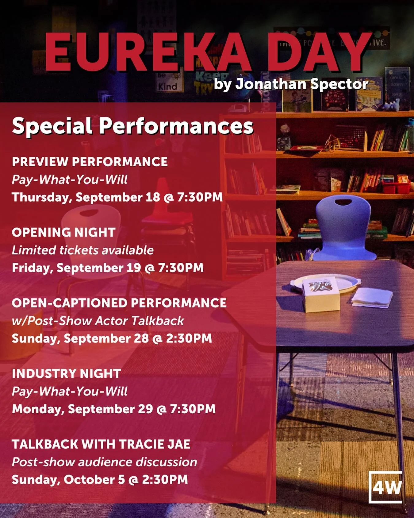 We can’t wait to see you at the first show of our 15th Season, EUREKA DAY by Jonathan Spector. Tickets are now available for all performances. If you haven’t gotten a ticket yet, consider these special performances for a more unique time