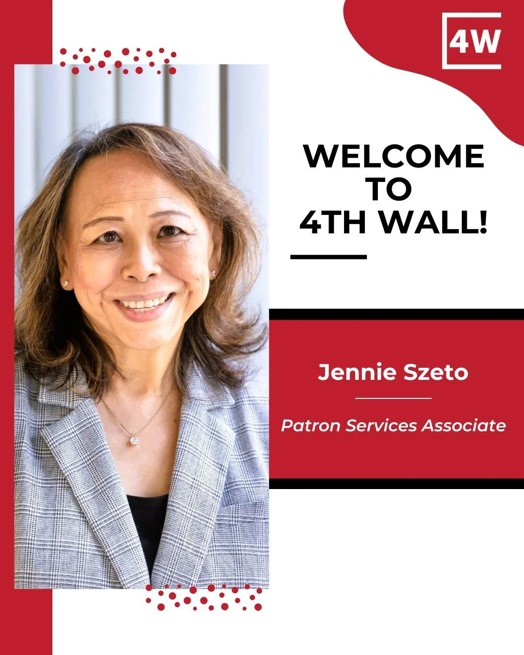 Please join us in welcoming Jennie Szeto to 4th Wall!

A native Houstonian with 20+ years in local nonprofits, Jennie is passionate about the performing arts and their power to open hearts and inspire change. She previously practiced law (corporate t