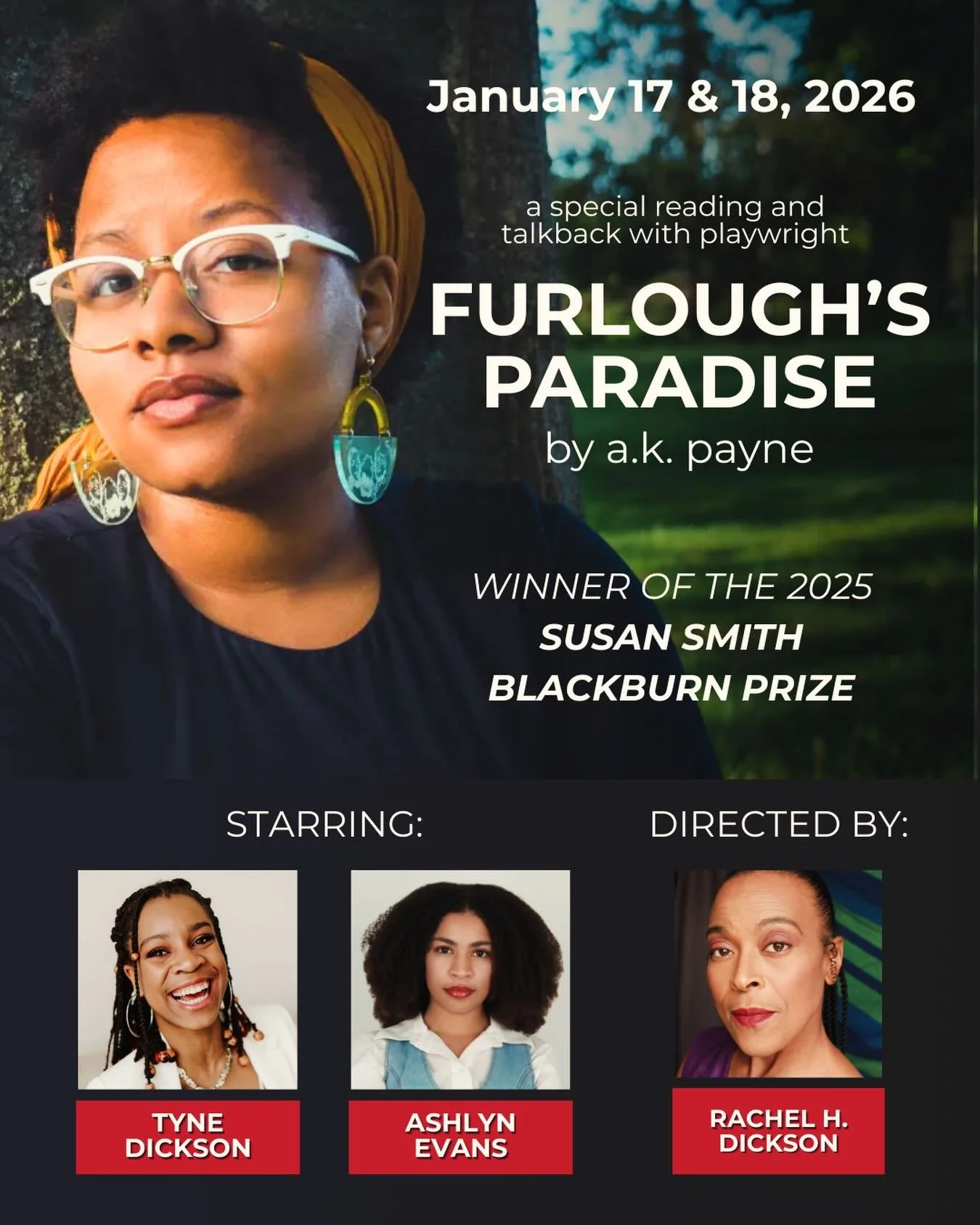 4th Wall Theatre Company is proud to present its 3rd annual reading of the Susan Smith Blackburn Prize winner. Tickets are now available on our website.

This year&rsquo;s winning play is FURLOUGH&rsquo;S PARADISE by a.k. payne (they/she).

We&rsquo;