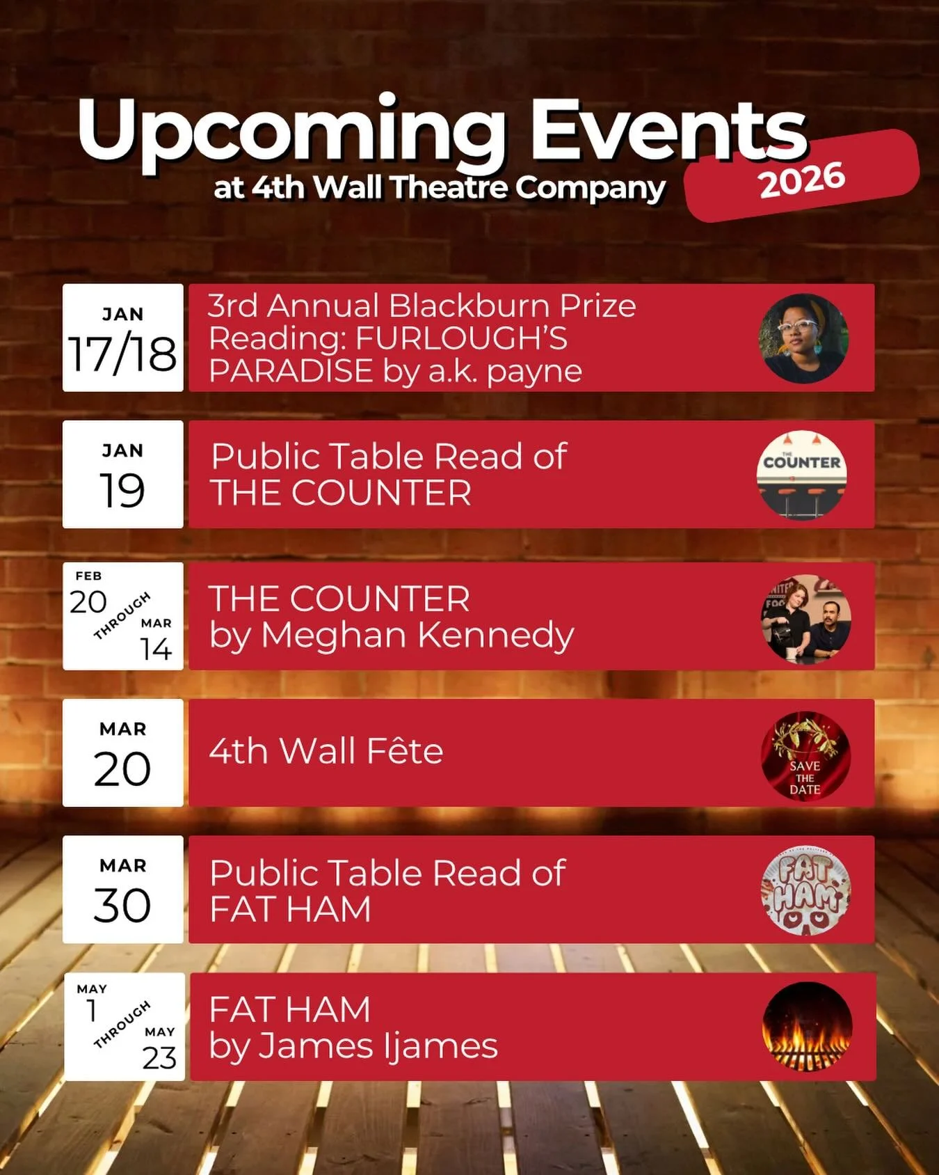 Make 2026 a year of extraordinary theatre with us at 4th Wall!

From our mainstage productions to meeting award-winning artists to celebrating theatre with style, we&rsquo;ve got something waiting for you.

Visit us at 4thwalltheatreco.com to learn m