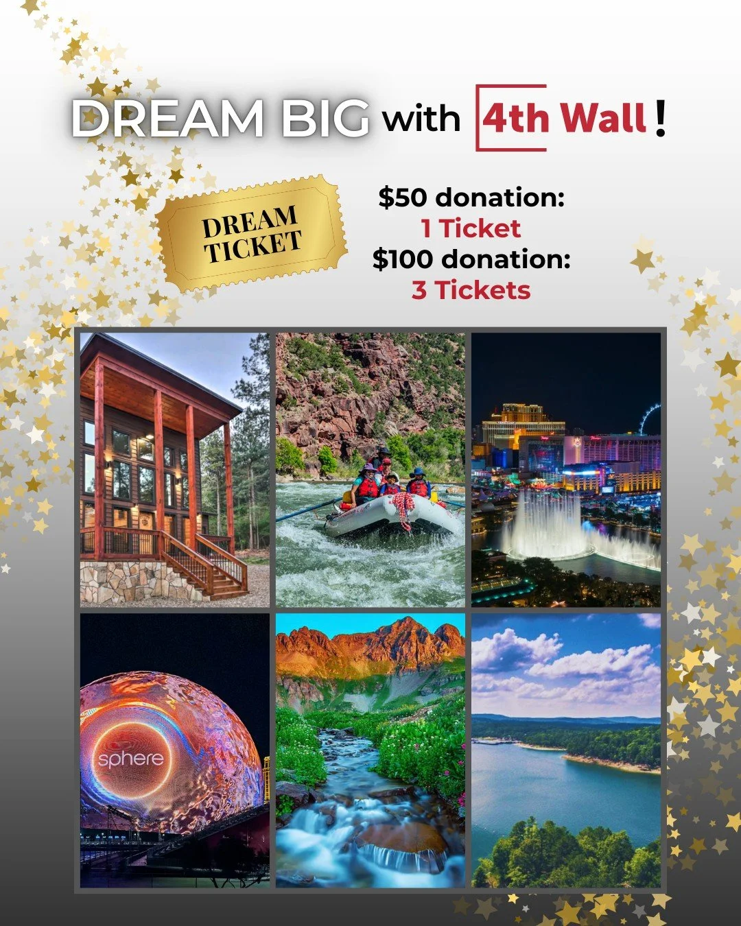 Buy a raffle ticket in direct support of 4th Wall Theatre Co.&rsquo;s mission to produce extraordinary, up-close professional theatre in Houston and be entered for a chance to WIN YOUR CHOICE OF 3 FABULOUS TRIPS!

🌌 3-nights in a luxury cabin for 4 