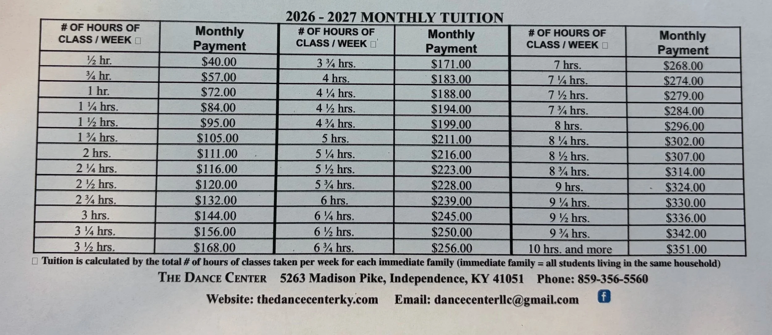 2026-2027 Tuition Prices for Classes