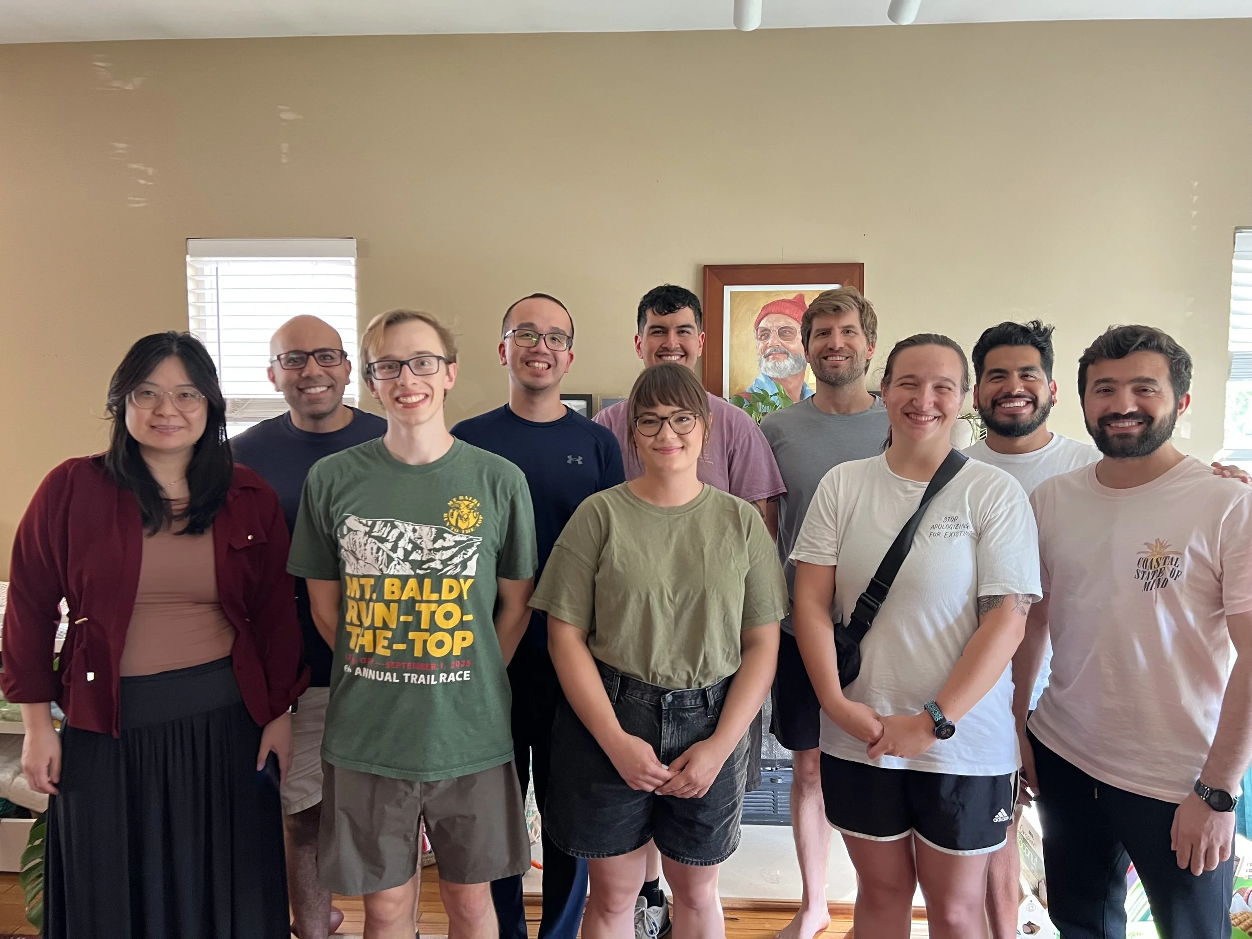 Lab BBQ at Mikes house, July 2026. From left: Jing, Edwin, Zack, Yu-Liang, Holly, AJ, Steve Zissou, Mike, Cass, Wilber, and Nisar