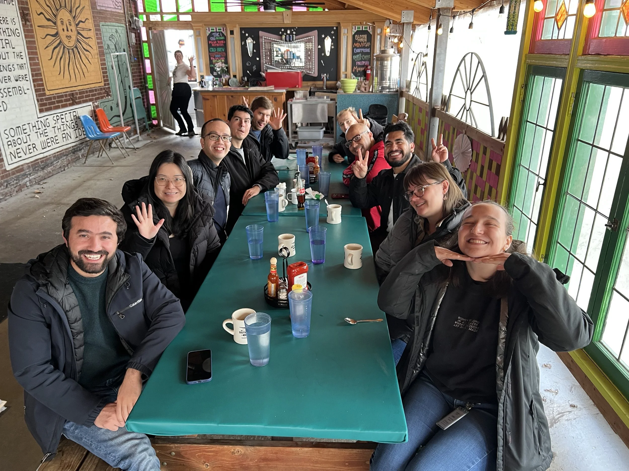 Lab holiday outing to Southwest Diner, January 2026. Clockwise from bottom left: Nisar, Jing, Yu-Liang, AJ, Mike, Zack, Edwin, Wilber, Holly, and Cass