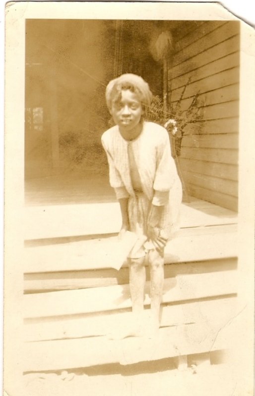  Eva Bernie on back steps of Dubha's old house. (Jones residence) 