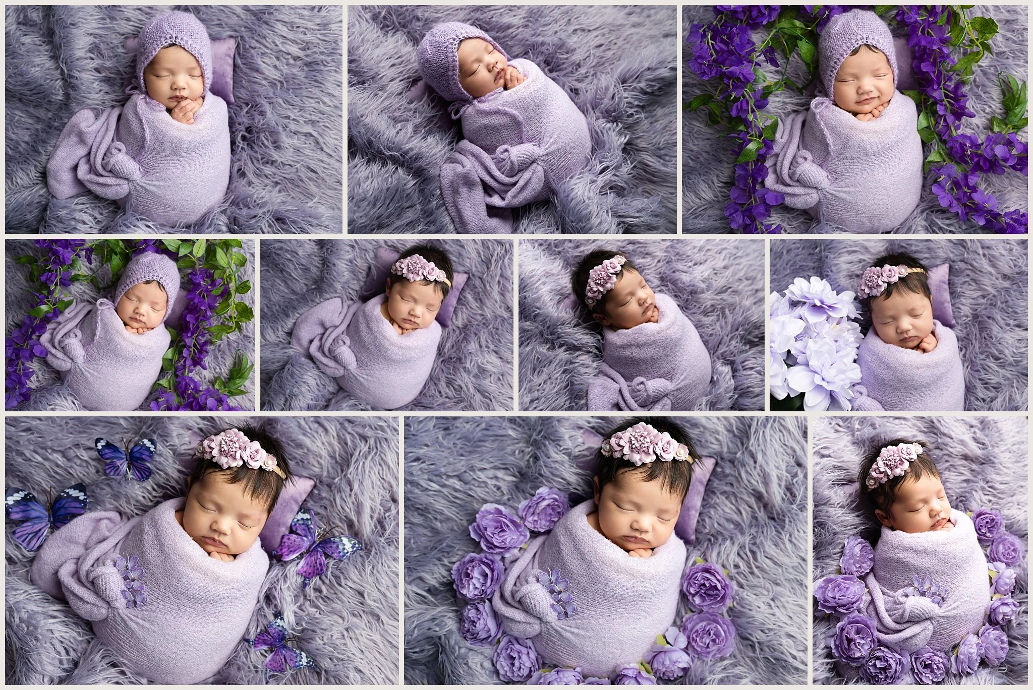 Sophie wrapped in a lavender purple knit wrap with floral accents during her newborn photography session in Elk Grove