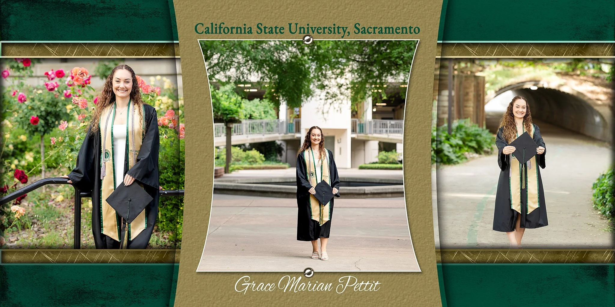 Sacramento State graduation photos of Grace Pettit in cap and gown on campus