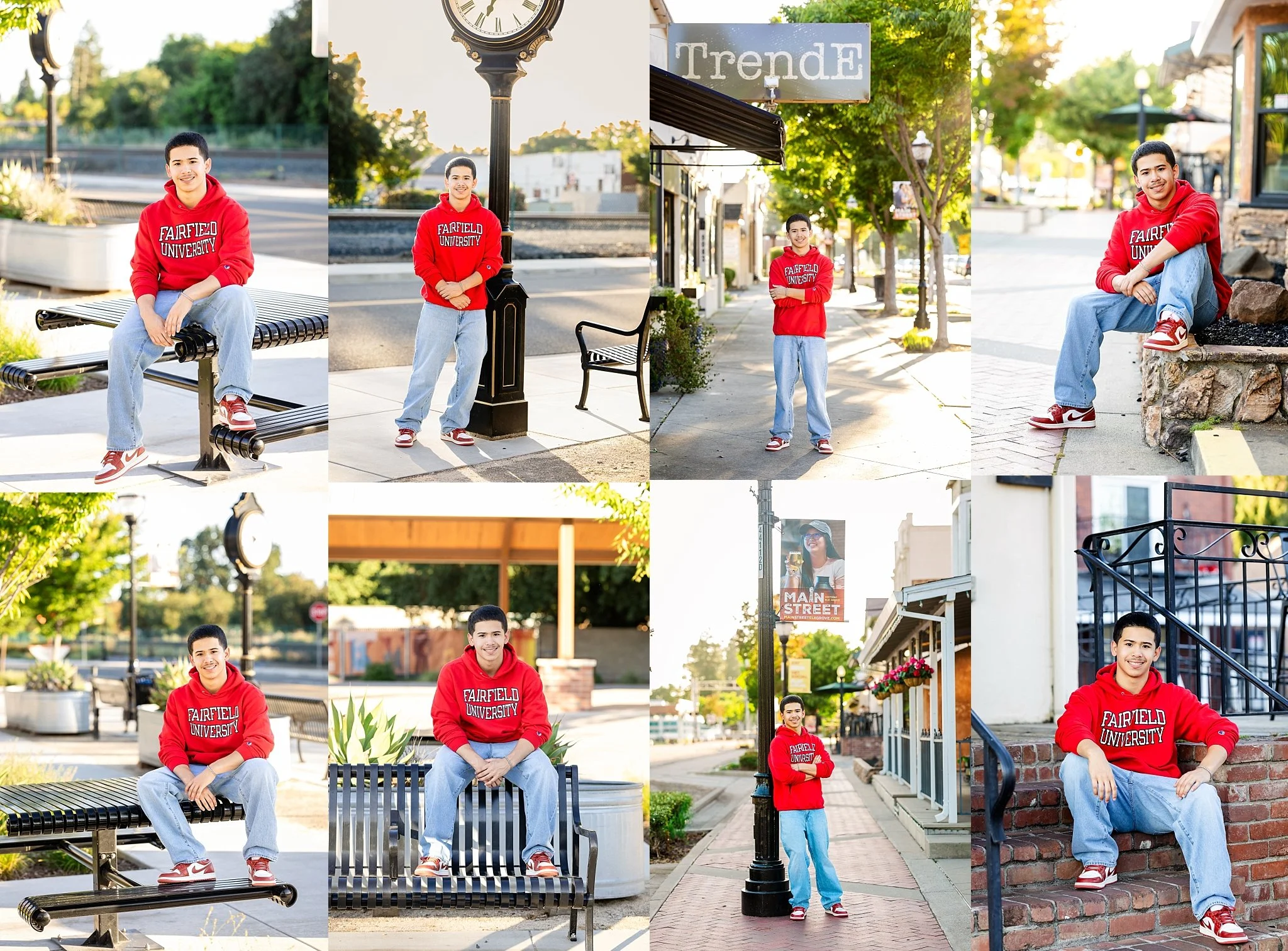 Isaiah Le senior portraits in Old Elk Grove wearing Fairfield University sweatshirt during Class of 2026 session