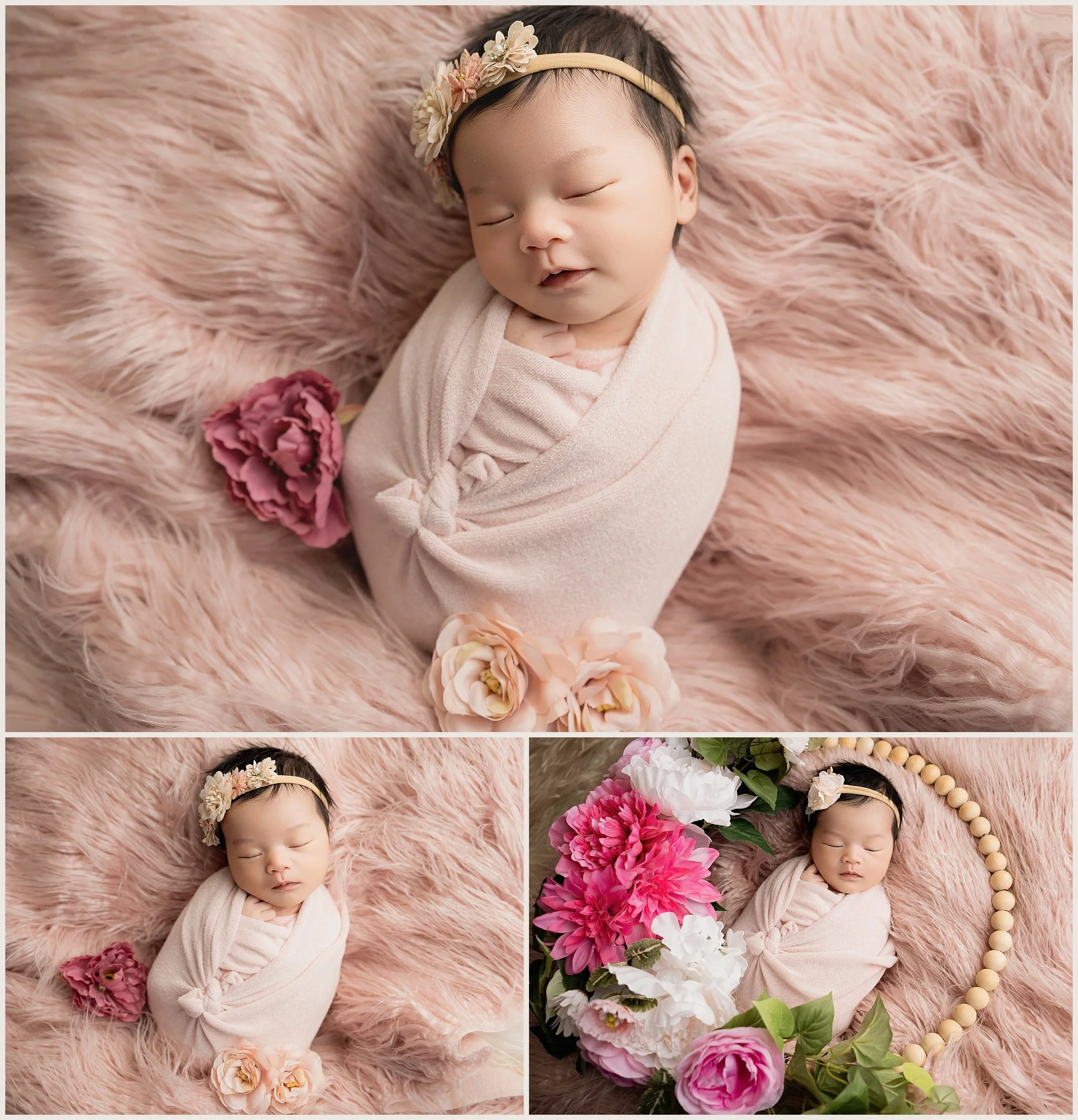 Raeliana sleeping in a pale pink wrap on pink fur with floral headbands and pink and white flowers during her newborn session.