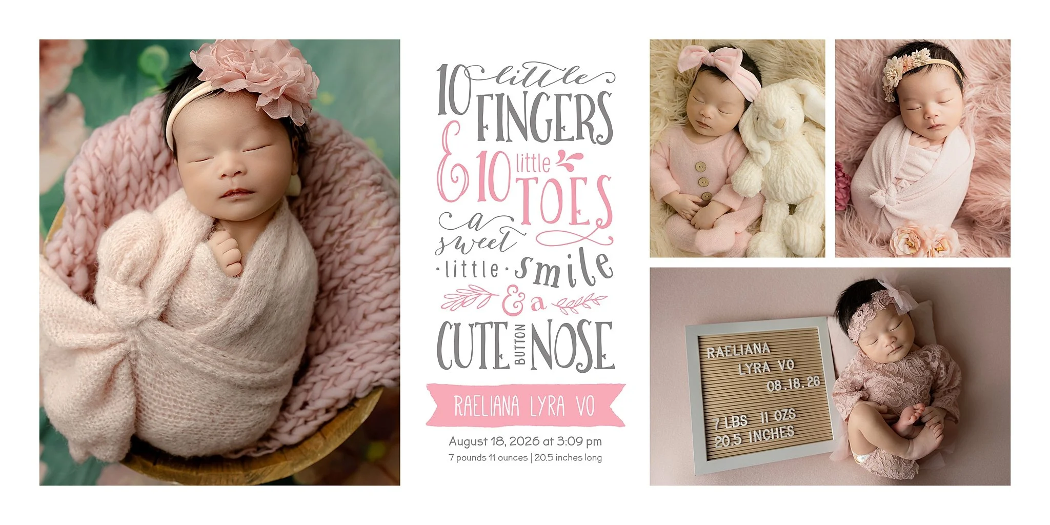 Newborn portraits of Raeliana Lyra Vo featuring pink floral setups, a bunny, soft wraps, and her birth announcement details.