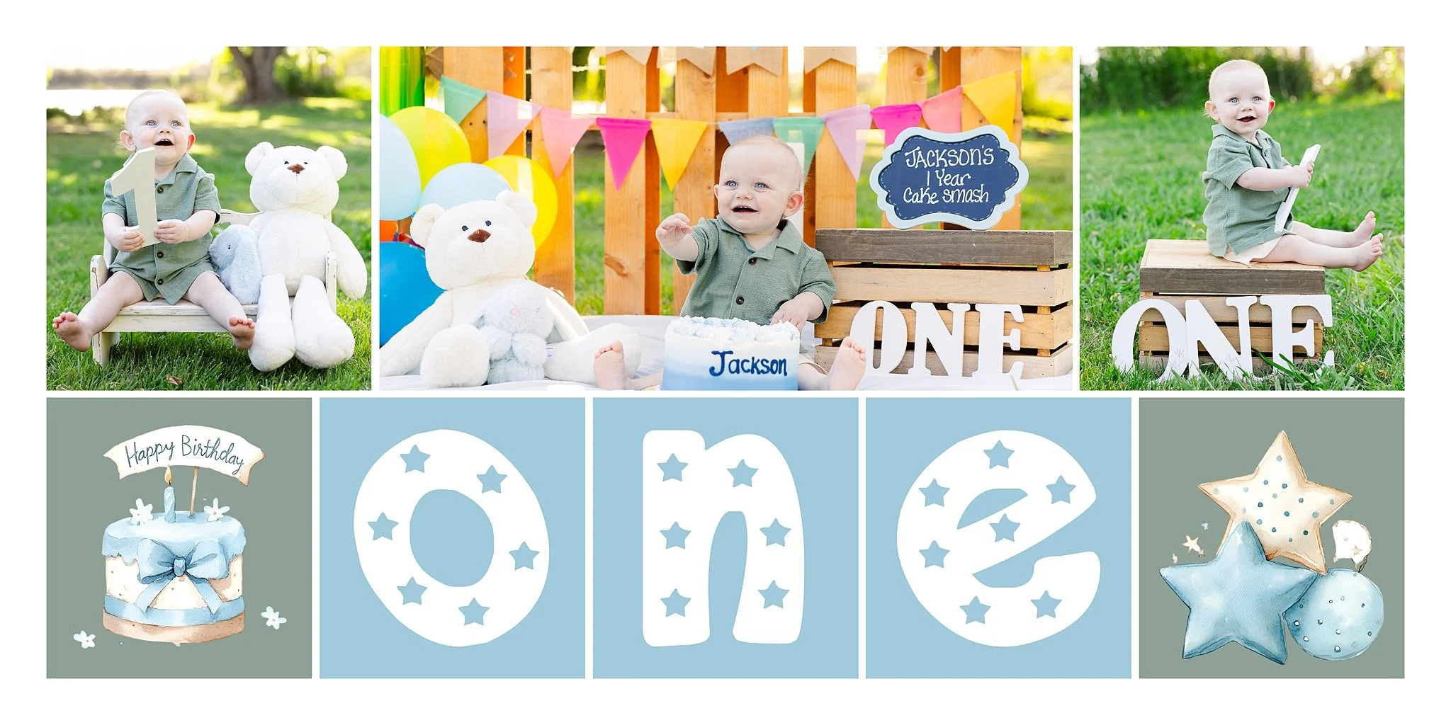 Collage from Jackson James Taylor-Smith’s one-year cake smash session at Camden Lake Park in Elk Grove, California