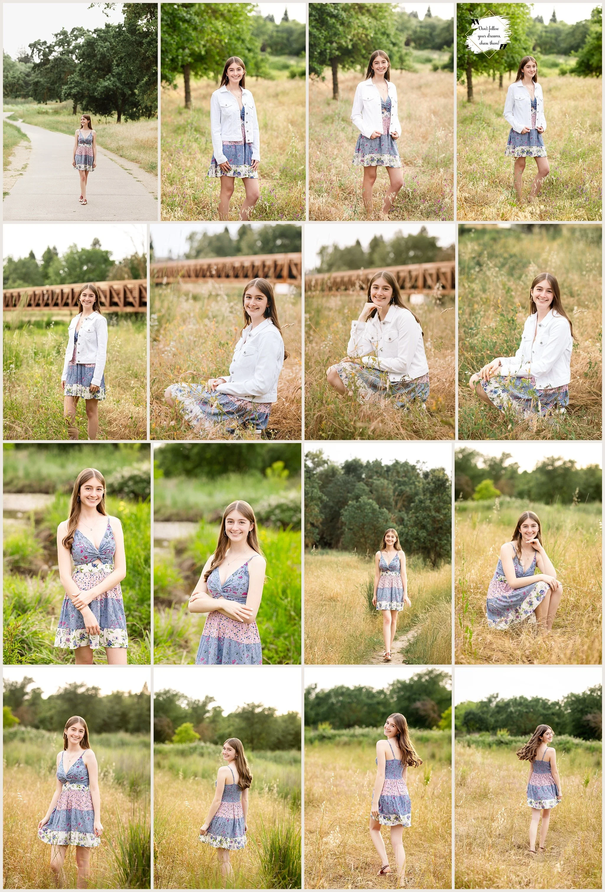 high school senior girl in floral dress walking through grassy field at Jack Hill Park Elk Grove California
