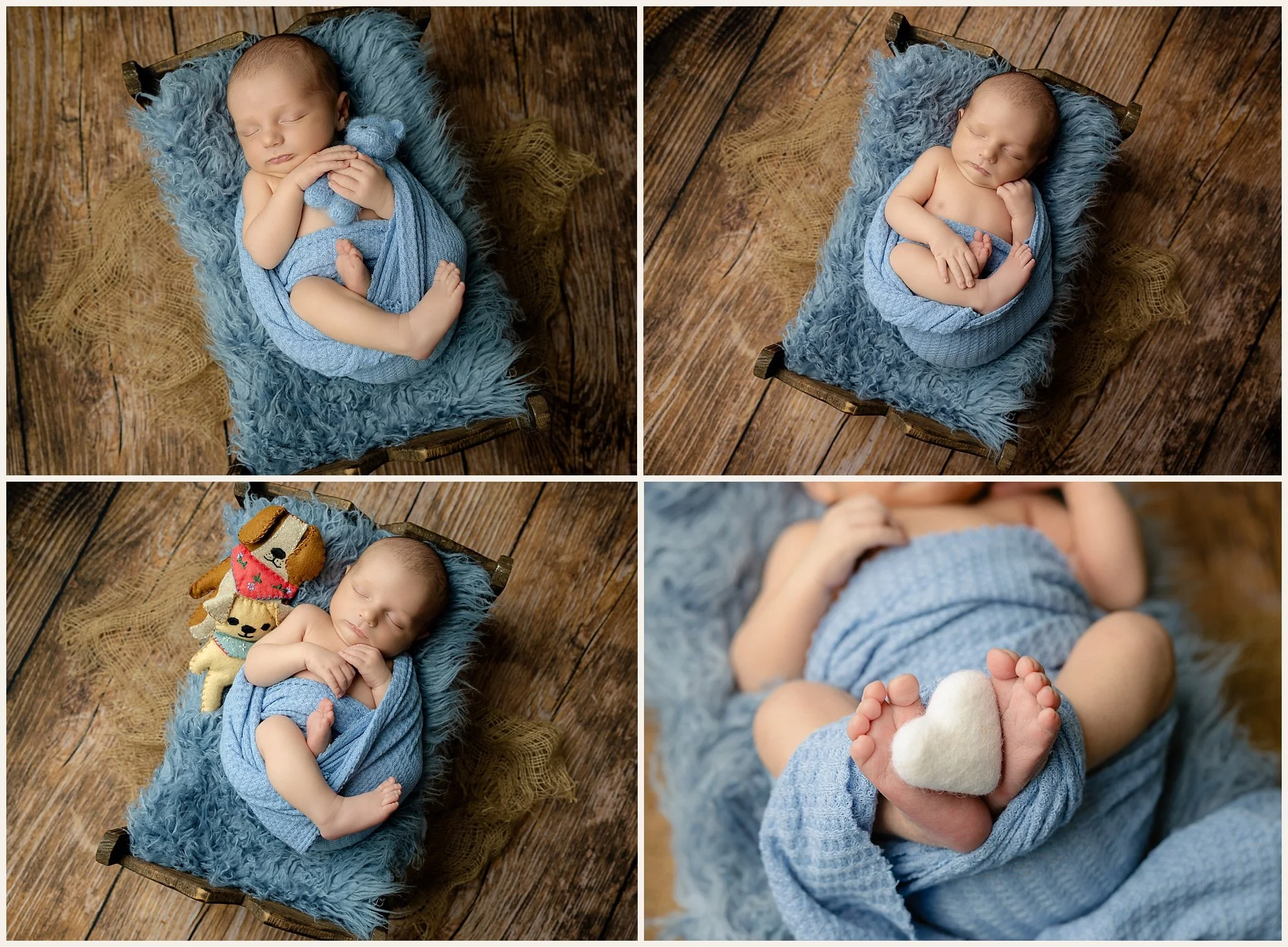 Newborn portrait collage of Brekken sleeping in a light blue wrap on a miniature wooden bed with blue curly fur, a blue teddy bear, handmade puppy stuffed animals, and a close-up of his feet holding a white heart.