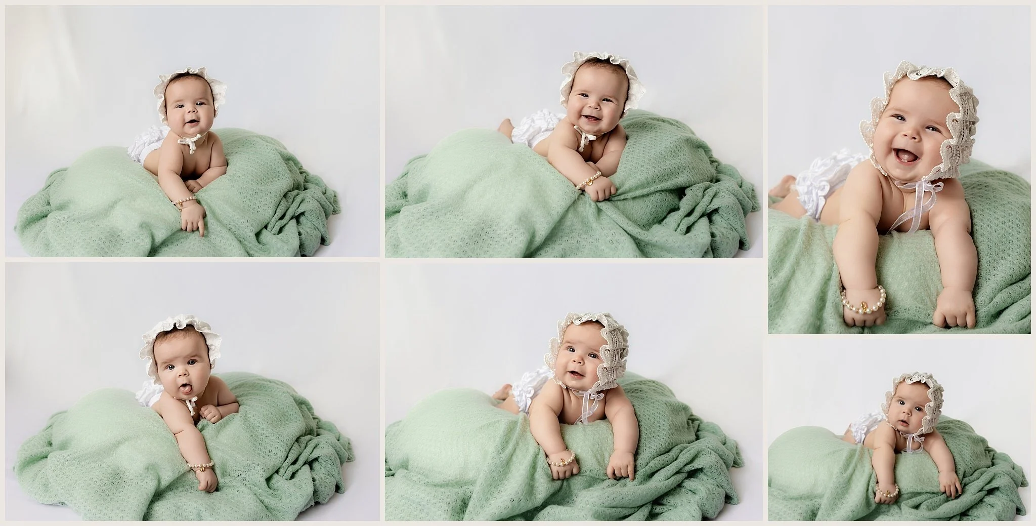 Kira Jane Marie Pearce smiling on mint green blanket during 6 month milestone session in Elk Grove, CA