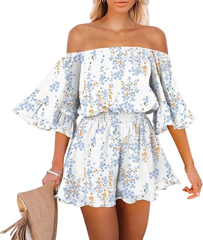  Off Shoulder Casual Boho Floral Rompers for Women Ruffle Backless Shorts Summer Chiffon Outfits 