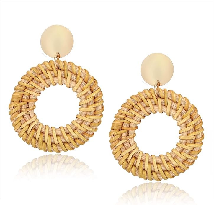  Rattan Earrings for Women Handmade Straw Wicker Braid Drop Dangle Earrings Lightweight Geometric Statement Earrings 