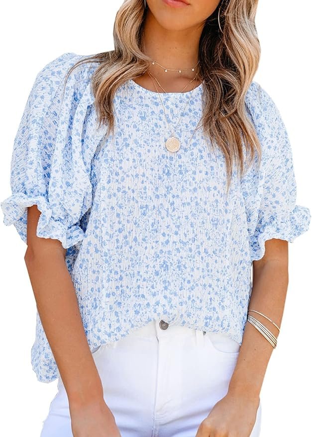 Floral Print Blouses for Women Crewneck Smocked Puff Sleeve Shirts Casual Babydoll Tops 