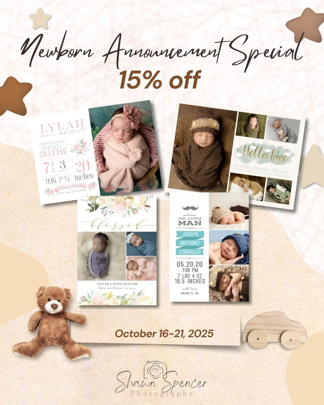 ๐ Newborn Announcement Special – 15% Off! ๐
From October 16-21, 2025, order your custom newborn announcement cards and enjoy 15% off. Share the joy of your little one’s arrival with beautifully designed keepsakes.
๐
 Offer ends October