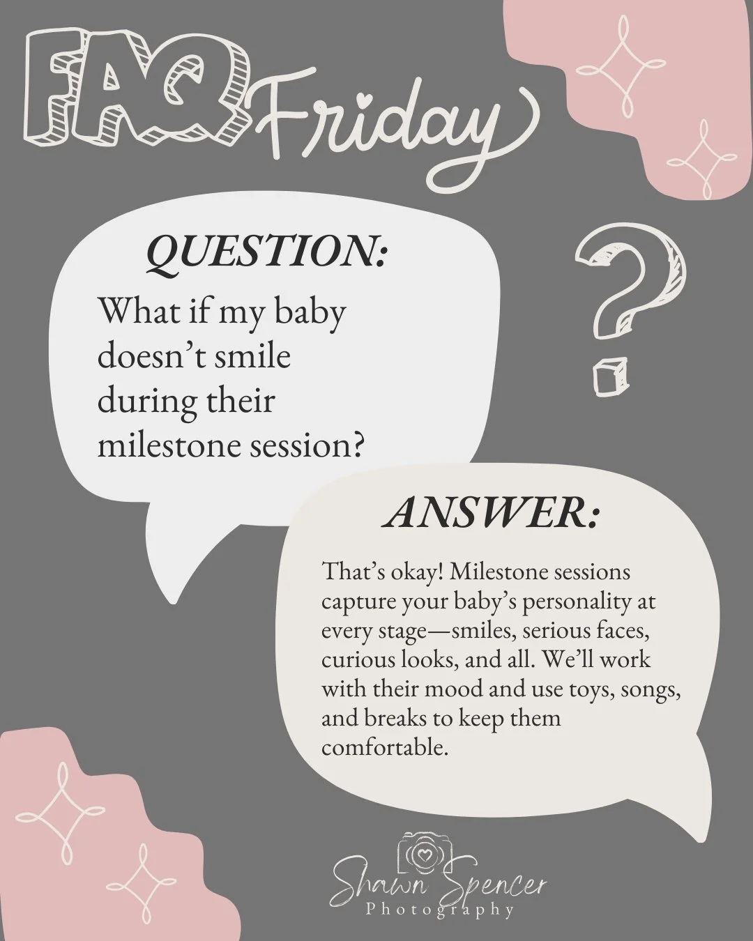 FAQ Fri: What if my baby doesn’t smile during their milestone session?
That’s okay! Milestone sessions capture your baby’s personality at every stage—smiles, serious faces, curious looks, and all. We’ll work with their