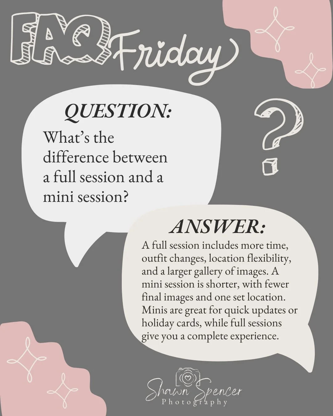FAQ Fri: What&rsquo;s the difference between a full session and a mini session?

A full session includes more time, outfit changes, location flexibility, and a larger gallery of images. A mini session is shorter, with fewer final images and one set l