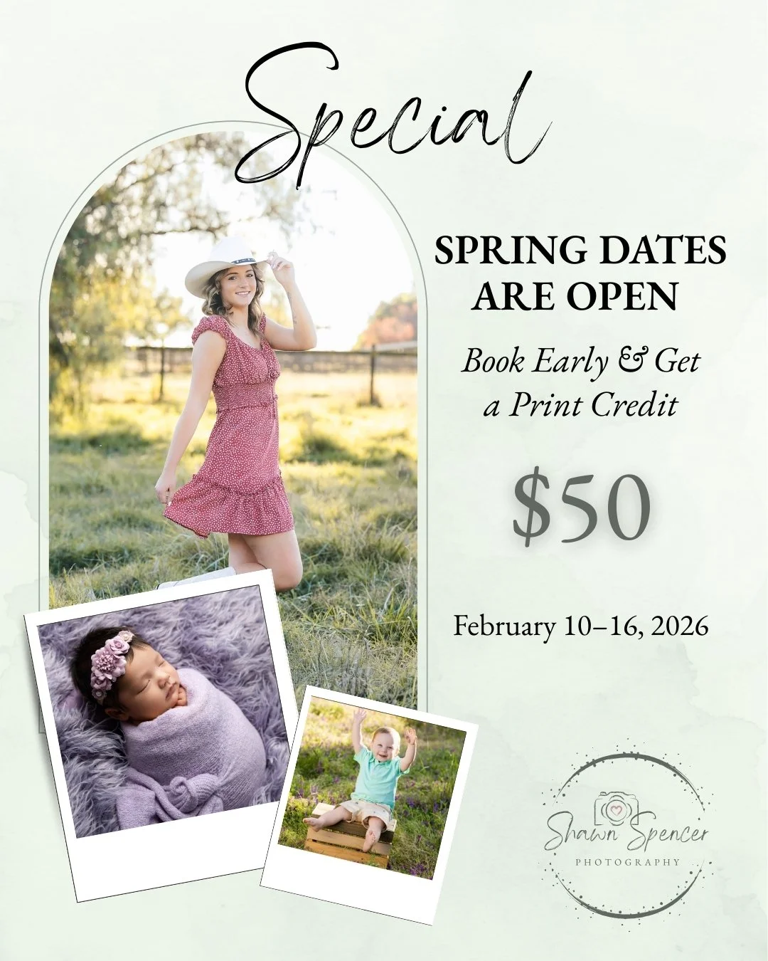 Spring sessions are officially on the calendar.

If you&rsquo;ve been thinking about scheduling portraits this spring, mid‑February is the perfect time to grab a spot. When you book any Spring 2026 session during this window, you&rsquo;ll receive a $