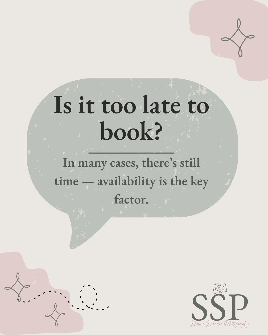 Is it too late to book a spring session?

This is a question I hear often in March. The answer really depends on flexibility. Some dates fill faster than others, but there&rsquo;s often still room to plan something that works well with the right timi