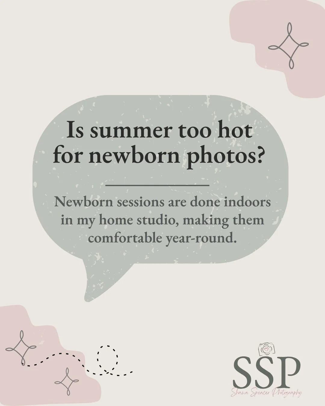 Is summer too hot for newborn photos?

Not at all. Newborn sessions take place in my studio, where the temperature is carefully controlled to keep babies comfortable. Summer heat doesn&rsquo;t impact the experience, and parents don&rsquo;t need to wo