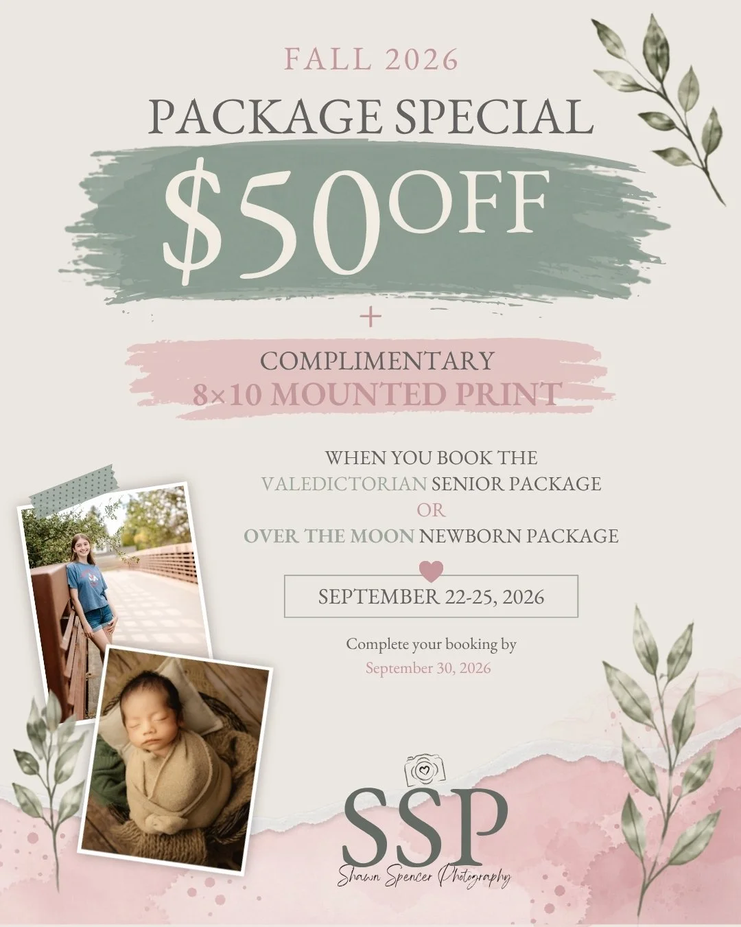 A little something extra with my biggest Senior and Newborn Portrait Packages!

From September 22&ndash;25, book either my Valedictorian Senior Portrait Package or Over the Moon Newborn Portrait Package and you'll receive $50 off your package plus a 