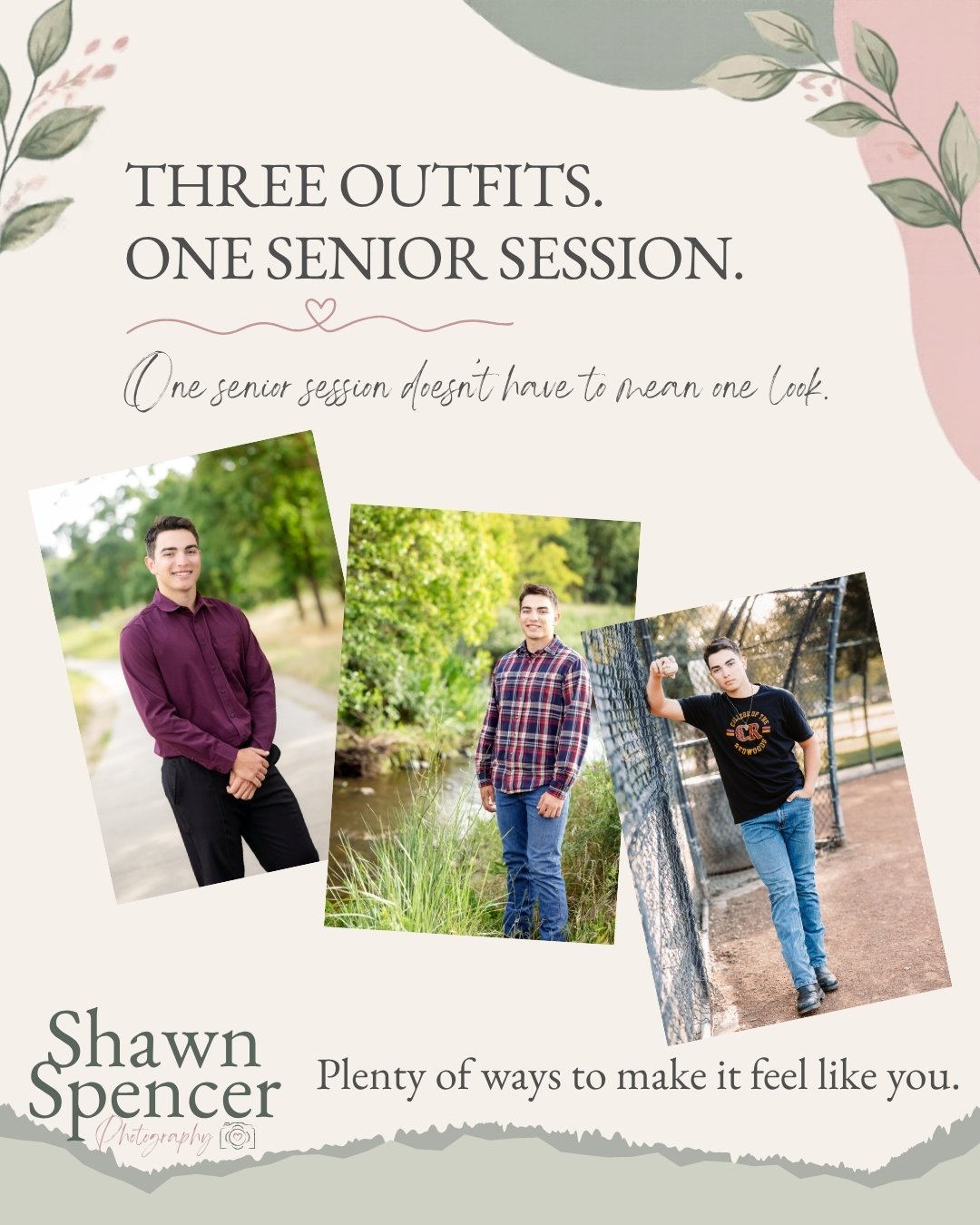One senior session doesn&rsquo;t have to mean one look.

My senior sessions are about 90 minutes, and seniors can bring up to three outfits&mdash;which gives us plenty of opportunity to create variety without needing multiple sessions.

You might cho